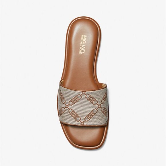 NEW MICHAEL KORS Hayworth Empire Logo Jacquard Slide Sandal Brown Size 9 - Picture 2 of 4